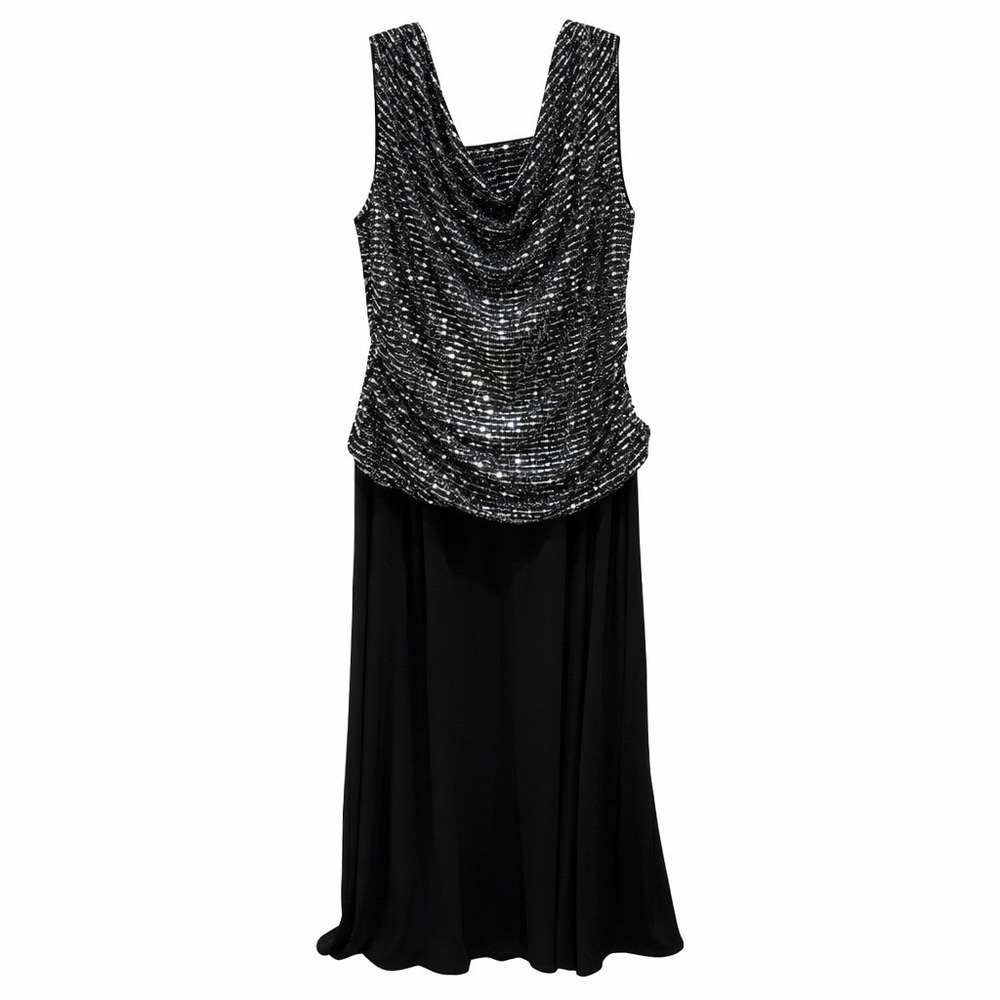 R&M Richards‎ Plus Size Long Gala Gown Cowl Neck Dress Black Metallic Size 22W